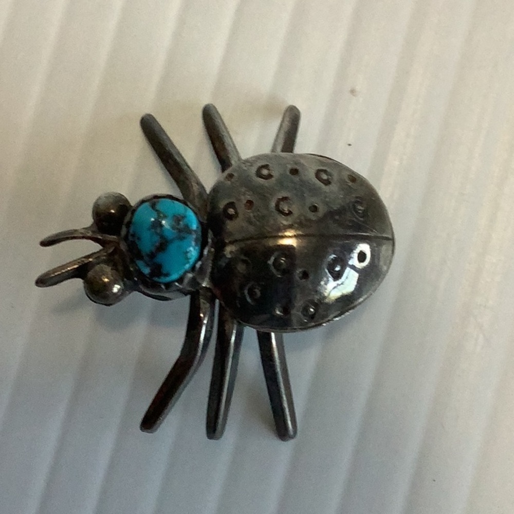 VINTAGE Native Southwest Sterling Silver Turquoise Ladybug Insect Brooch Pin EUC - Picture 10 of 16